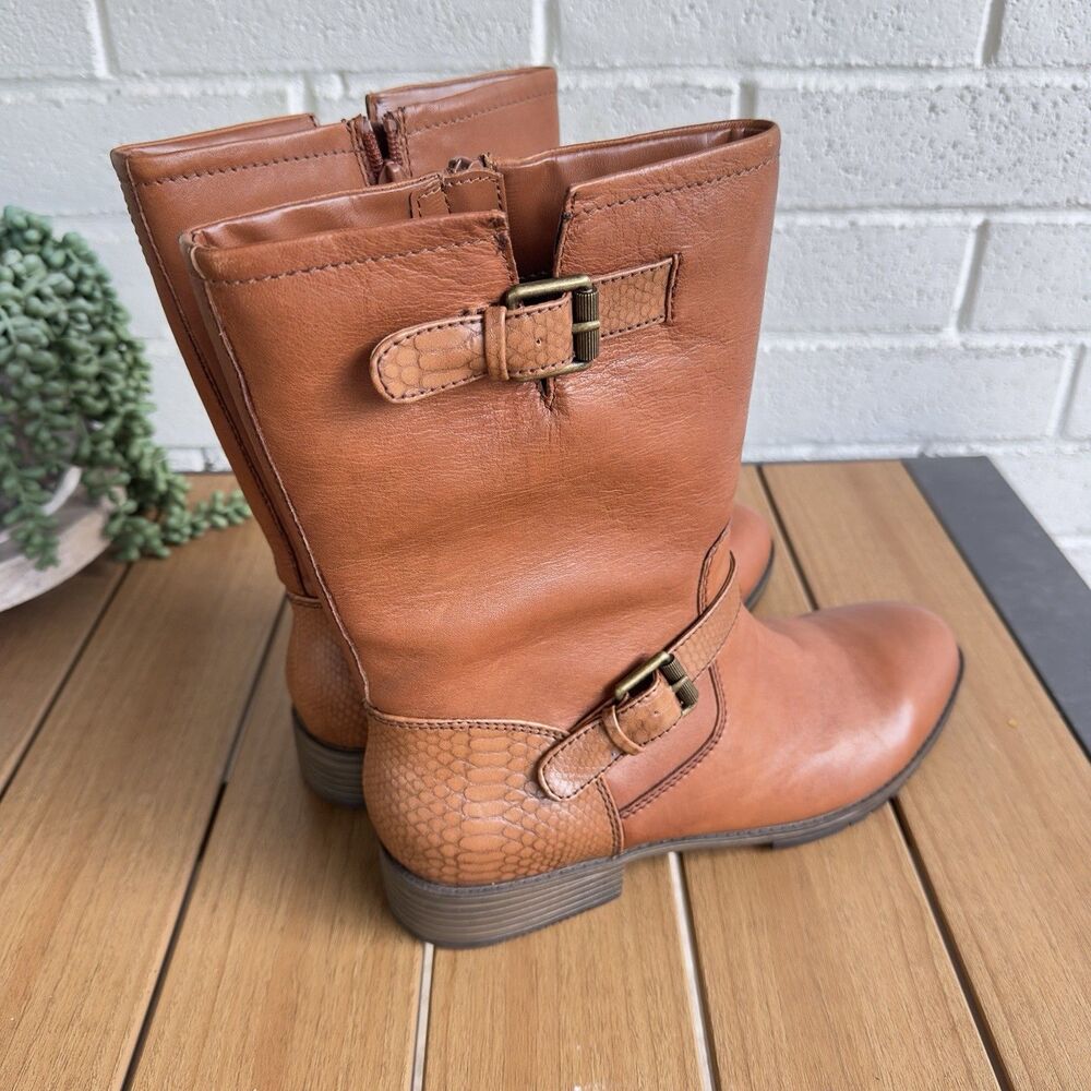 Naturalizer Genna Women’s 11M Cognac Leather Buckle Moto Riding Boots New